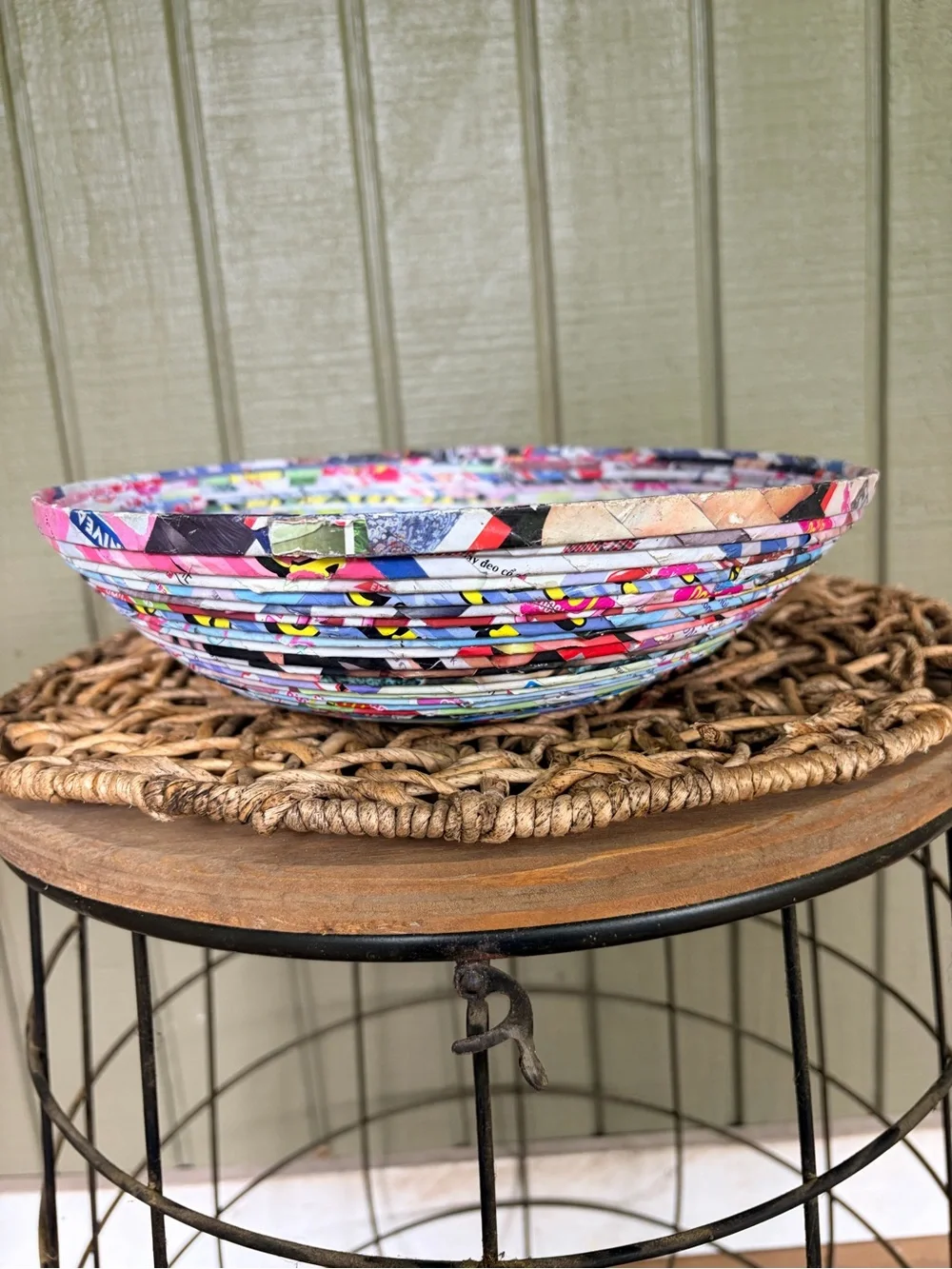 Handmade Recycled Magazine Paper Bowl Coiled Art Boho Decor 11.5